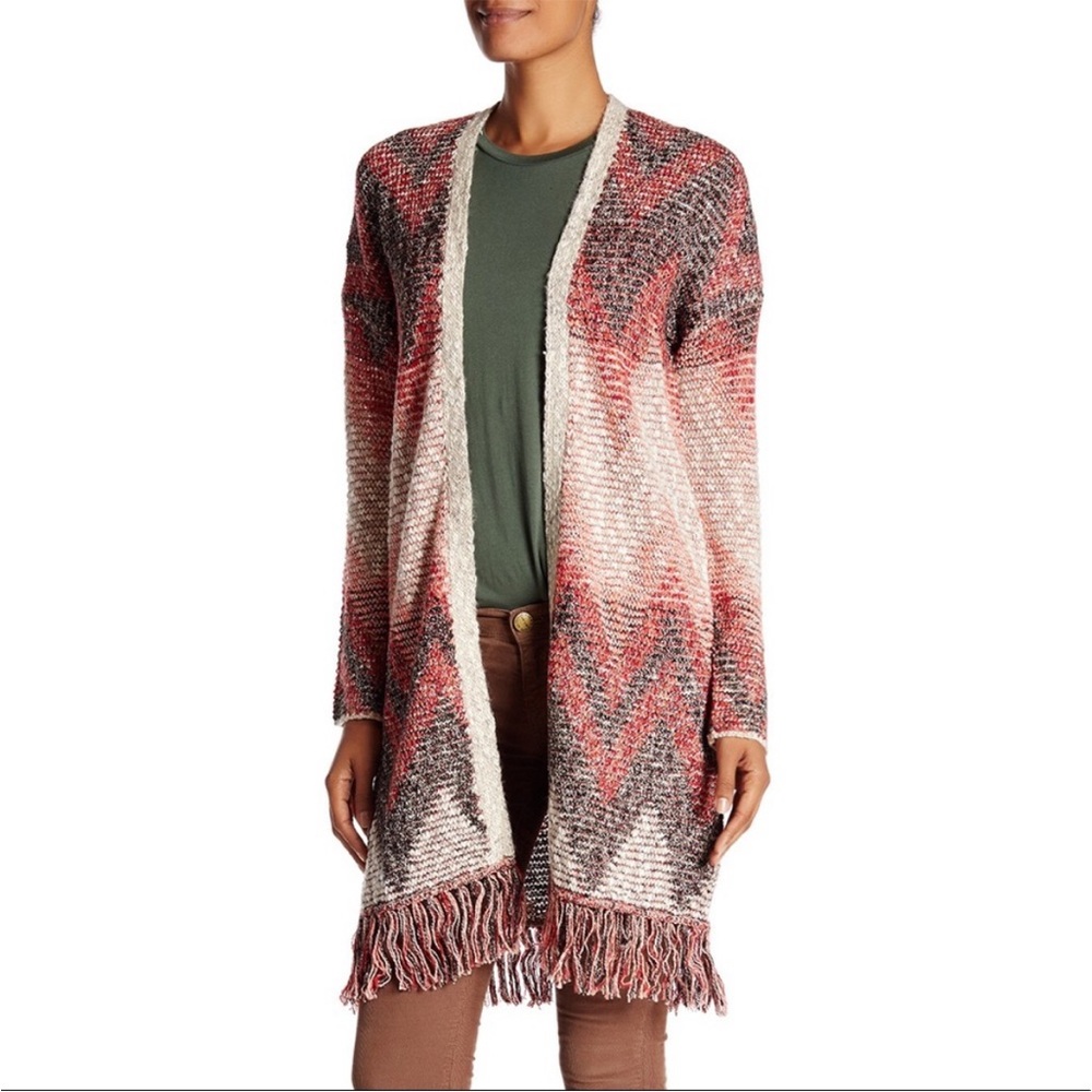 Lucky Brand Chevron Fringe Duster Cardigan sweater medium southwestern print - Picture 2 of 14